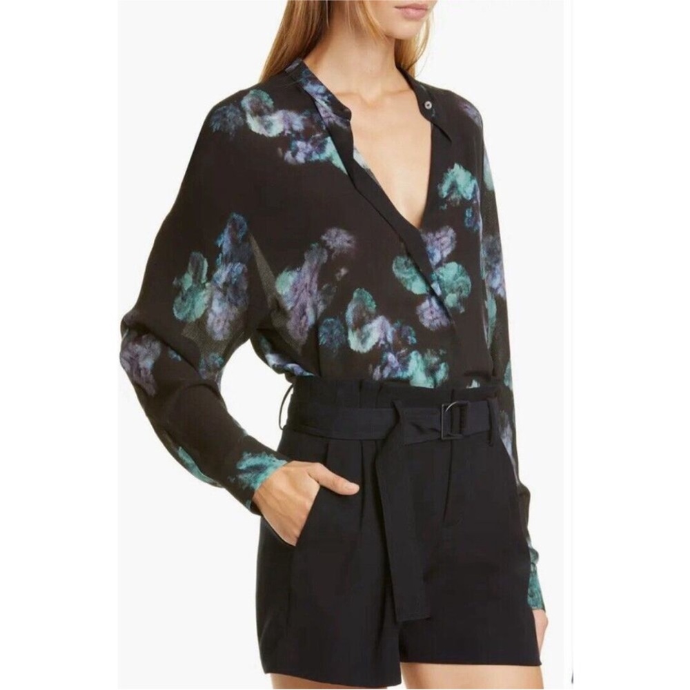 Vince 100% Silk Painted Watercolor Floral V-Neck Blouse